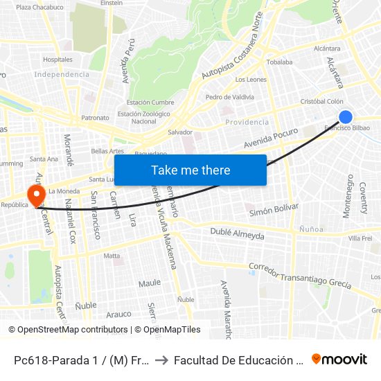 Pc618-Parada 1 / (M) Francisco Bilbao to Facultad De Educación Diego Portales map