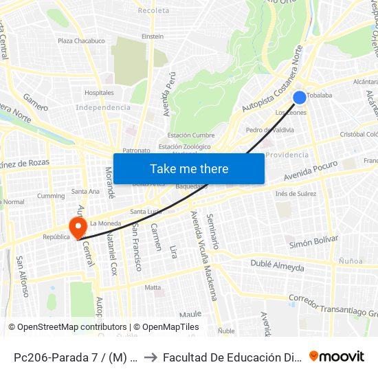 Pc206-Parada 7 / (M) Los Leones to Facultad De Educación Diego Portales map