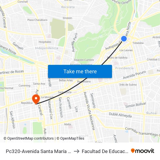 Pc320-Avenida Santa María / Esq. Puente Los Leones to Facultad De Educación Diego Portales map