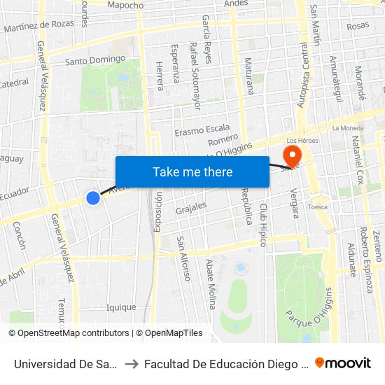 Universidad De Santiago to Facultad De Educación Diego Portales map