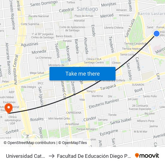 Universidad Católica to Facultad De Educación Diego Portales map