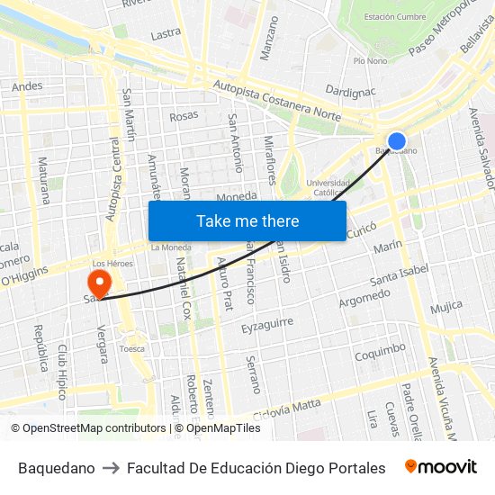 Baquedano to Facultad De Educación Diego Portales map