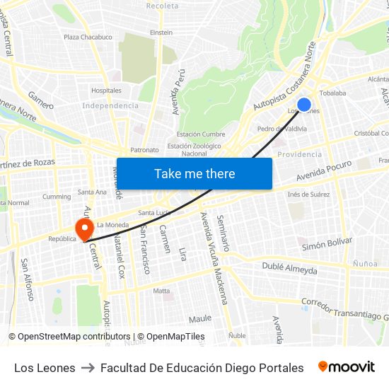 Los Leones to Facultad De Educación Diego Portales map