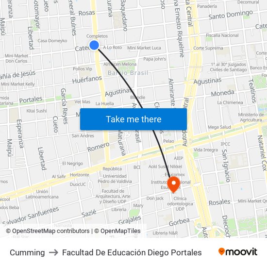 Cumming to Facultad De Educación Diego Portales map