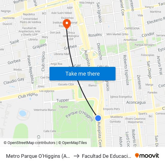 Metro Parque O'Higgins (Av. Tupper Esq. Av. Viel) to Facultad De Educación Diego Portales map