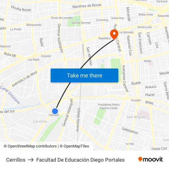 Cerrillos to Facultad De Educación Diego Portales map