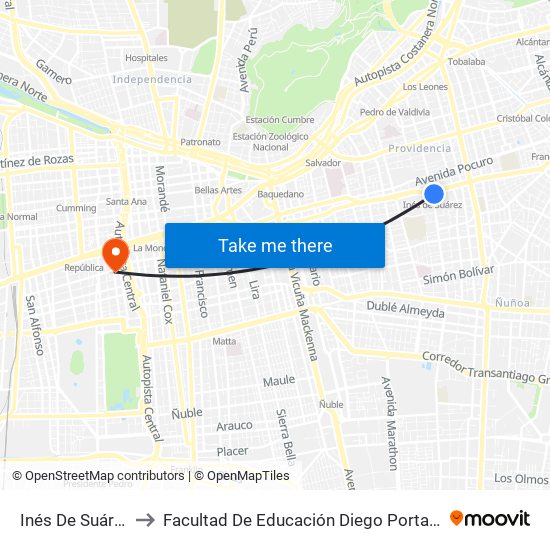 Inés De Suárez to Facultad De Educación Diego Portales map