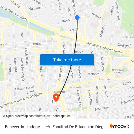 Echeverría - Independencia to Facultad De Educación Diego Portales map