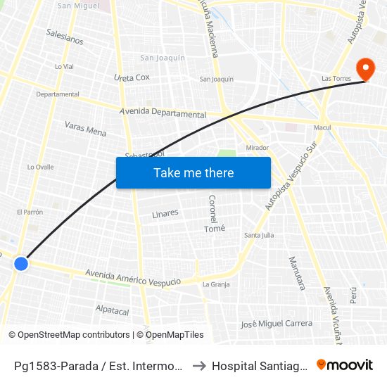 Pg1583-Parada / Est. Intermodal La Cisterna to Hospital Santiago Oriente map