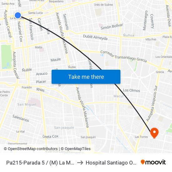 Pa215-Parada 5 / (M) La Moneda to Hospital Santiago Oriente map