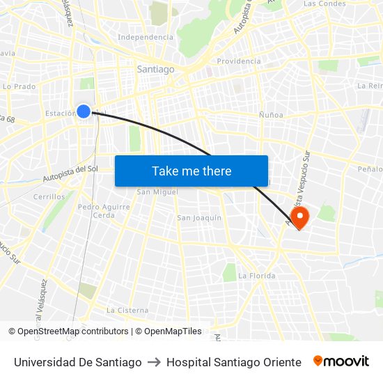Universidad De Santiago to Hospital Santiago Oriente map