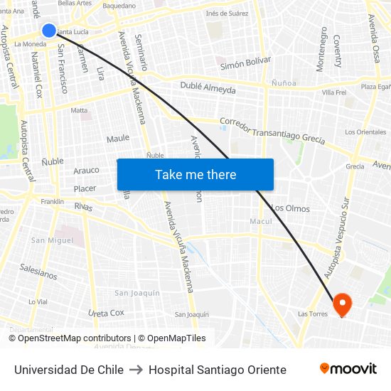 Universidad De Chile to Hospital Santiago Oriente map