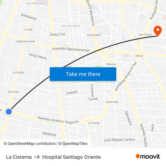 La Cisterna to Hospital Santiago Oriente map