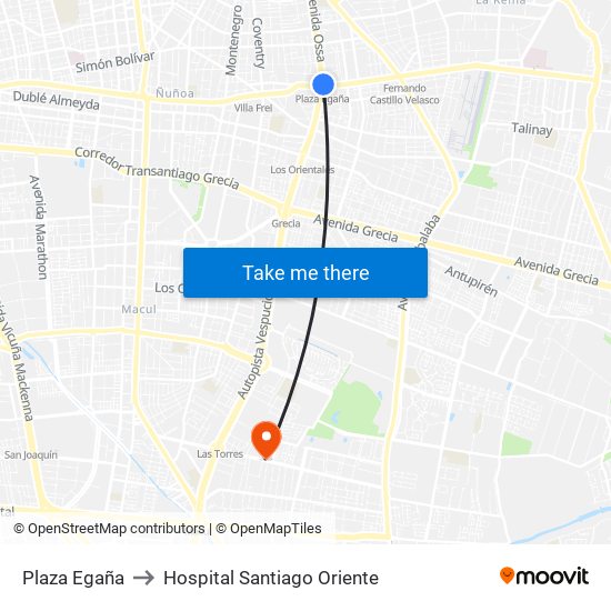 Plaza Egaña to Hospital Santiago Oriente map