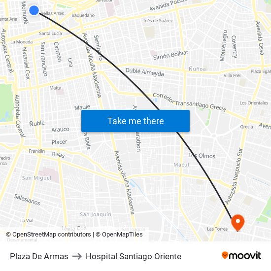 Plaza De Armas to Hospital Santiago Oriente map