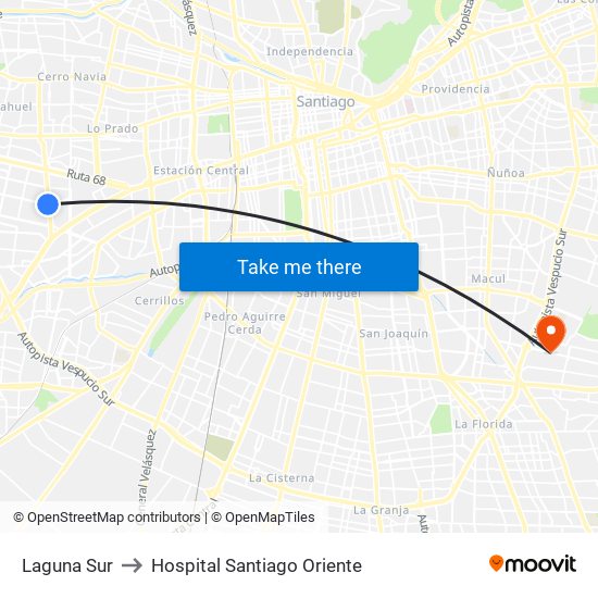 Laguna Sur to Hospital Santiago Oriente map