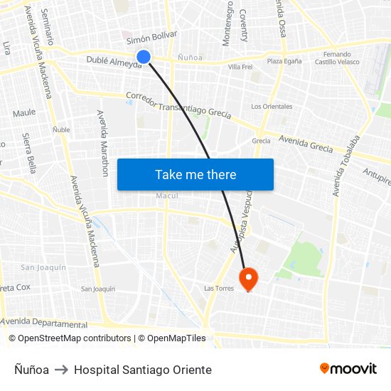 Ñuñoa to Hospital Santiago Oriente map