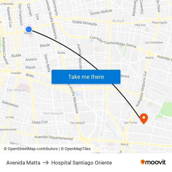 Avenida Matta to Hospital Santiago Oriente map