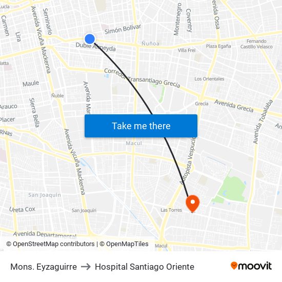 Mons. Eyzaguirre to Hospital Santiago Oriente map