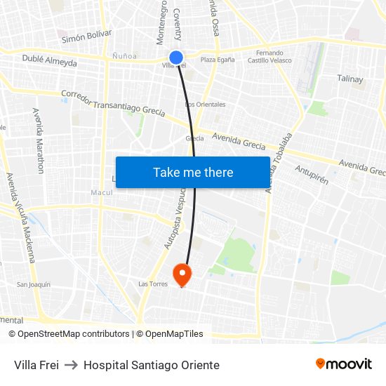 Villa Frei to Hospital Santiago Oriente map