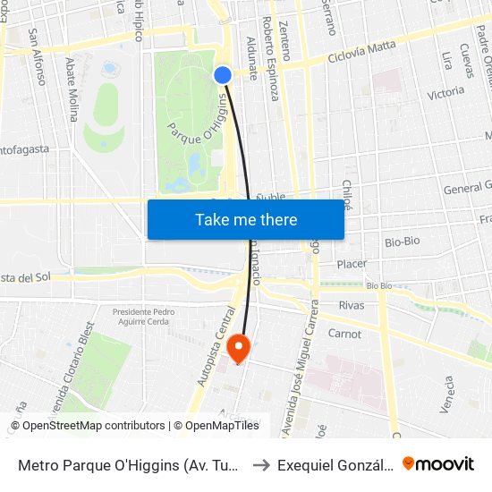 Metro Parque O'Higgins (Av. Tupper Esq. Av. Viel) to Exequiel González Cortés map