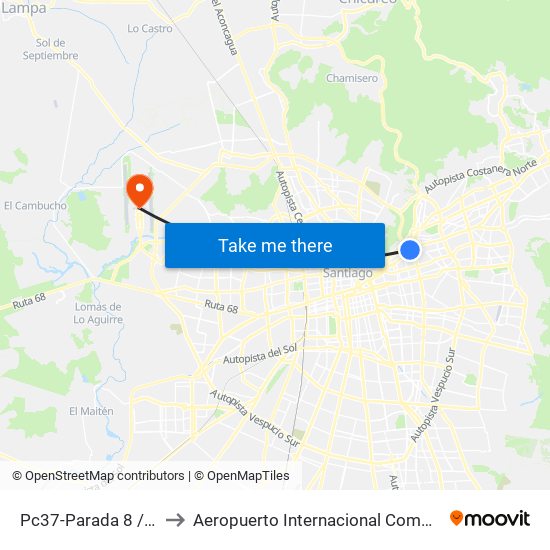 Pc37-Parada 8 / (M) Los Leones to Aeropuerto Internacional Comodoro Arturo Merino Benítez map