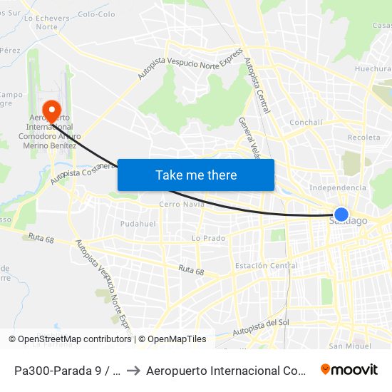 Pa300-Parada 9 / Estación Mapocho to Aeropuerto Internacional Comodoro Arturo Merino Benítez map