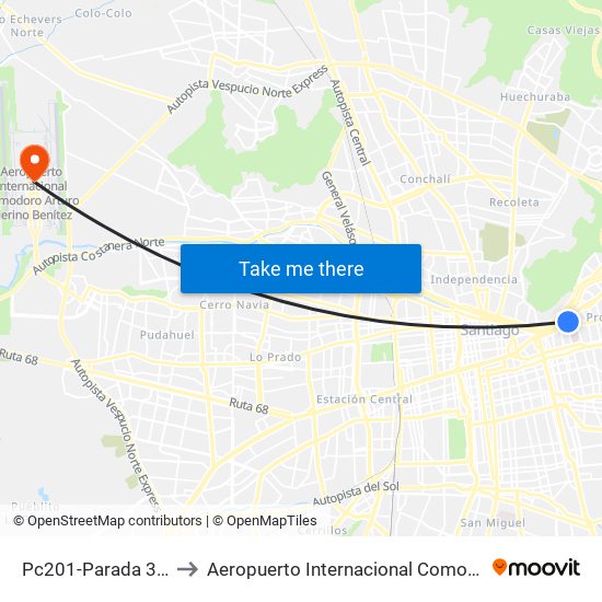 Pc201-Parada 3 / (M) Salvador to Aeropuerto Internacional Comodoro Arturo Merino Benítez map