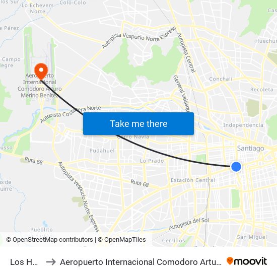 Los Héroes to Aeropuerto Internacional Comodoro Arturo Merino Benítez map