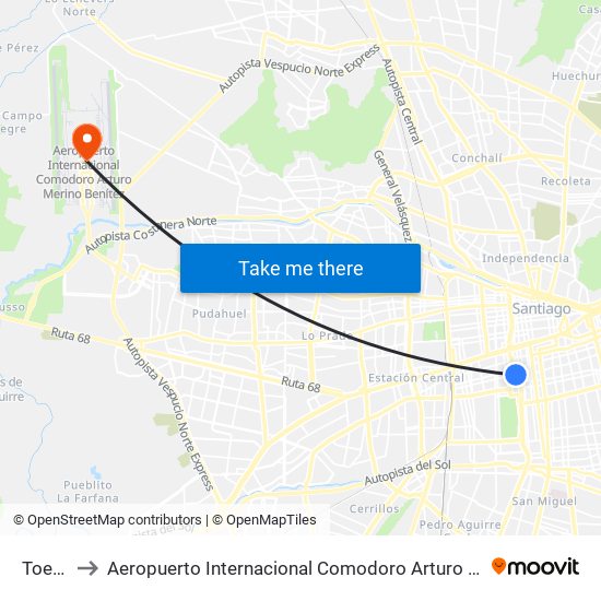 Toesca to Aeropuerto Internacional Comodoro Arturo Merino Benítez map