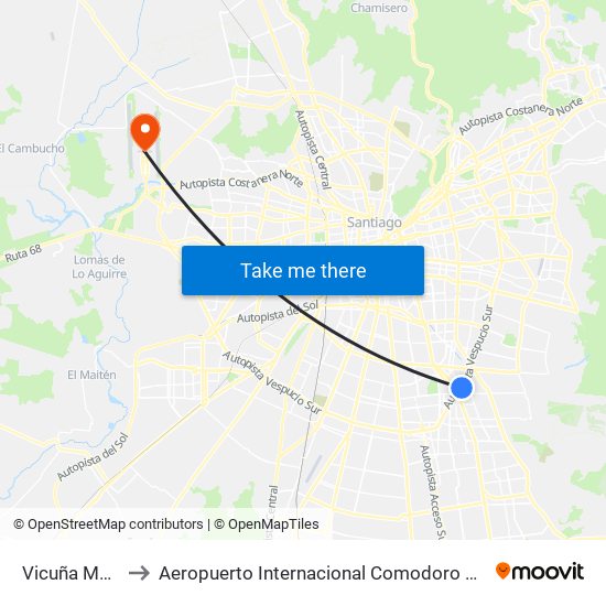 Vicuña Mackenna to Aeropuerto Internacional Comodoro Arturo Merino Benítez map