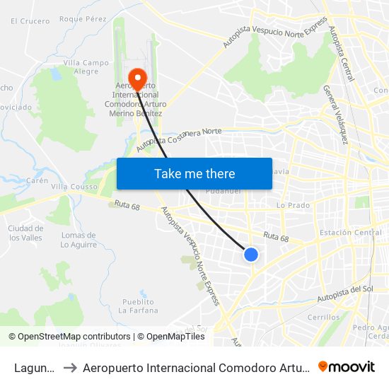 Laguna Sur to Aeropuerto Internacional Comodoro Arturo Merino Benítez map