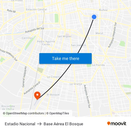 Estadio Nacional to Base Aérea El Bosque map