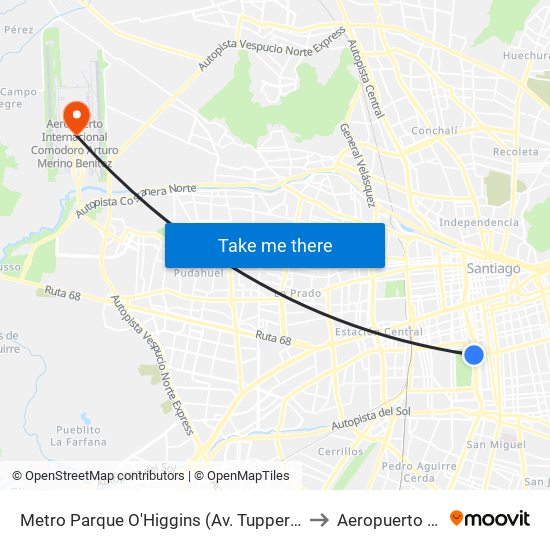 Metro Parque O'Higgins (Av. Tupper Esq. Av. Viel) to Aeropuerto Arturo map