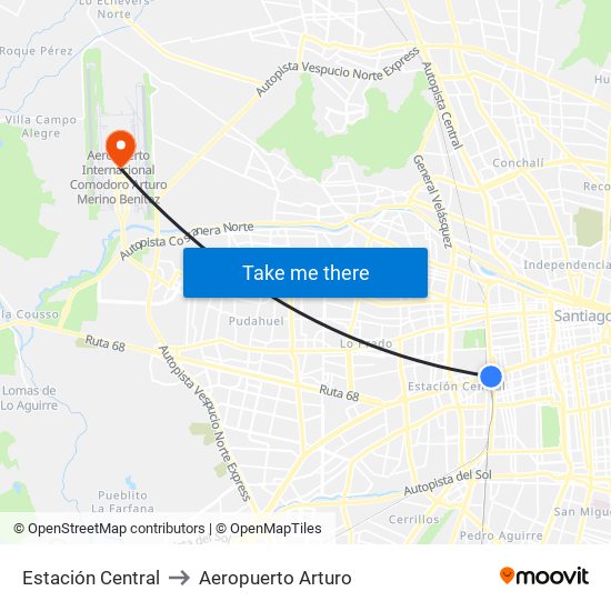 Estación Central to Aeropuerto Arturo map