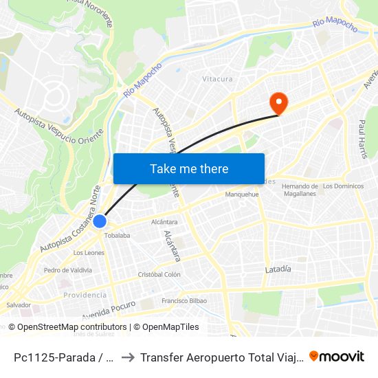 Pc1125-Parada / Costanera Center to Transfer Aeropuerto Total Viajes Vip - Las Condes - Chile map