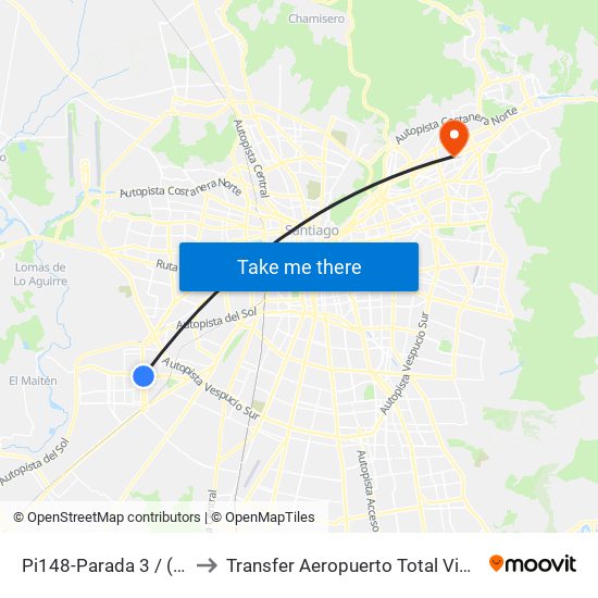 Pi148-Parada 3 / (M) Plaza De Maipú to Transfer Aeropuerto Total Viajes Vip - Las Condes - Chile map