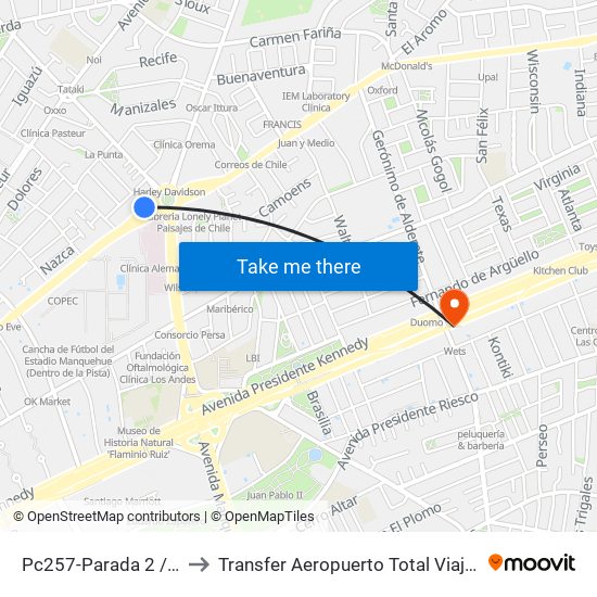 Pc257-Parada 2 / Clínica Alemana to Transfer Aeropuerto Total Viajes Vip - Las Condes - Chile map