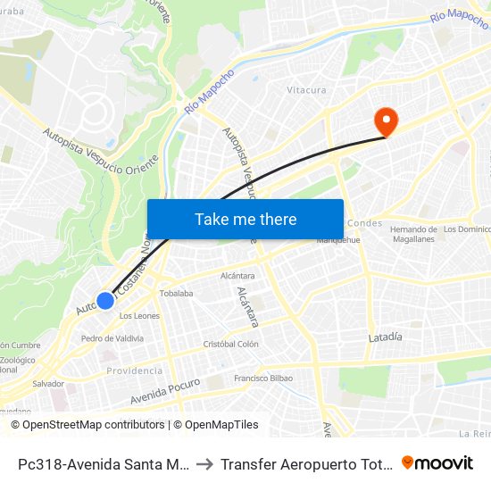 Pc318-Avenida Santa María / Esq. Av. Pedro De Valdivia to Transfer Aeropuerto Total Viajes Vip - Las Condes - Chile map