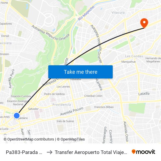 Pa383-Parada 5 / Plaza Italia to Transfer Aeropuerto Total Viajes Vip - Las Condes - Chile map