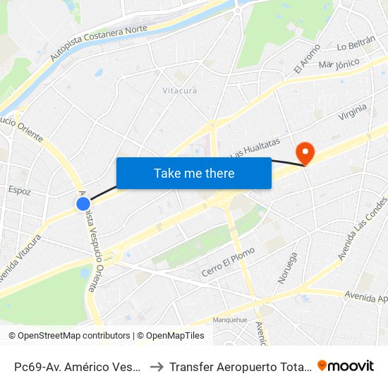 Pc69-Av. Américo Vespucio / Esq. Avenida Vitacura to Transfer Aeropuerto Total Viajes Vip - Las Condes - Chile map