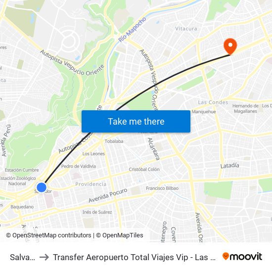 Salvador to Transfer Aeropuerto Total Viajes Vip - Las Condes - Chile map