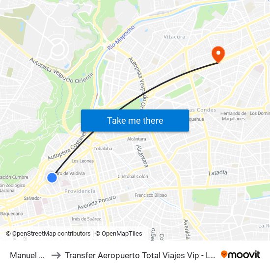 Manuel Montt to Transfer Aeropuerto Total Viajes Vip - Las Condes - Chile map