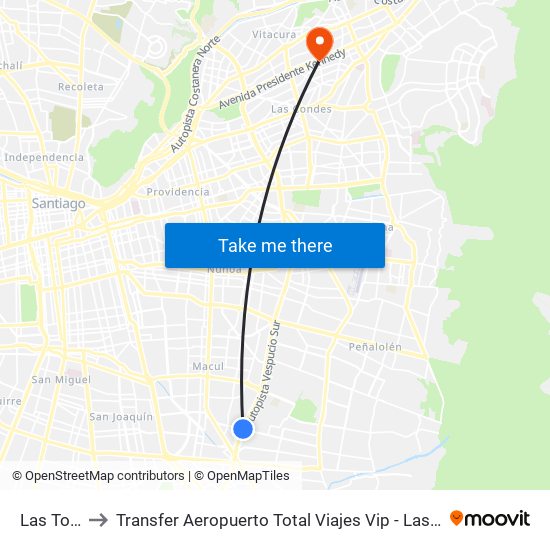 Las Torres to Transfer Aeropuerto Total Viajes Vip - Las Condes - Chile map