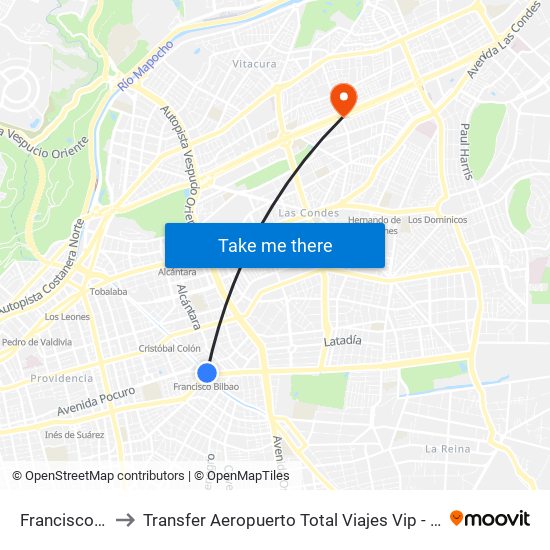 Francisco Bilbao to Transfer Aeropuerto Total Viajes Vip - Las Condes - Chile map