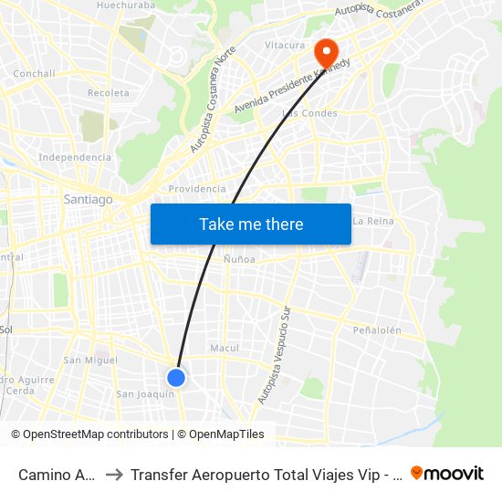 Camino Agrícola to Transfer Aeropuerto Total Viajes Vip - Las Condes - Chile map