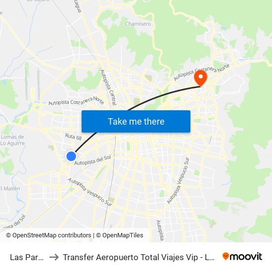 Las Parcelas to Transfer Aeropuerto Total Viajes Vip - Las Condes - Chile map