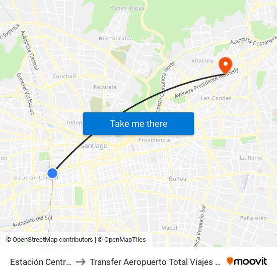 Estación Central (Anden1) to Transfer Aeropuerto Total Viajes Vip - Las Condes - Chile map