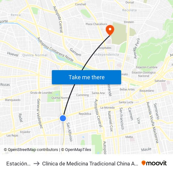Estación Central to Clínica de Medicina Tradicional China Antiguo Hospital San José map