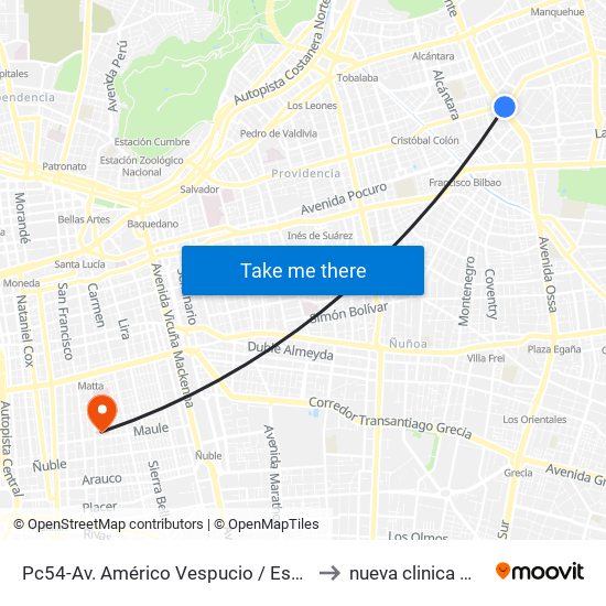 Pc54-Av. Américo Vespucio / Esq. Av. Cristóbal Colón to nueva clinica madre e hijo map